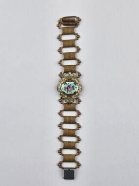 Edwardian vintage powder blue enamel floral metal link costume bracelet 7"